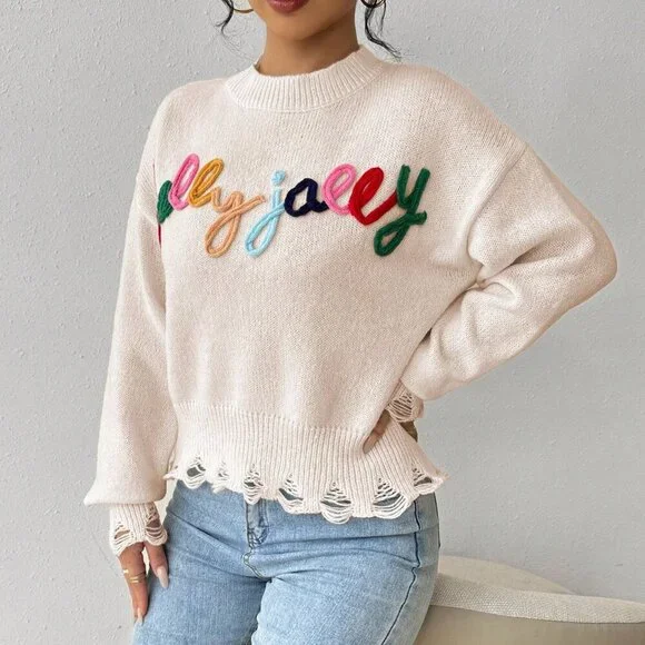 Apricot Casual Women's Round Neck Long Sleeve Letter Patchwork Knit Sweater - Picture 4 of 8